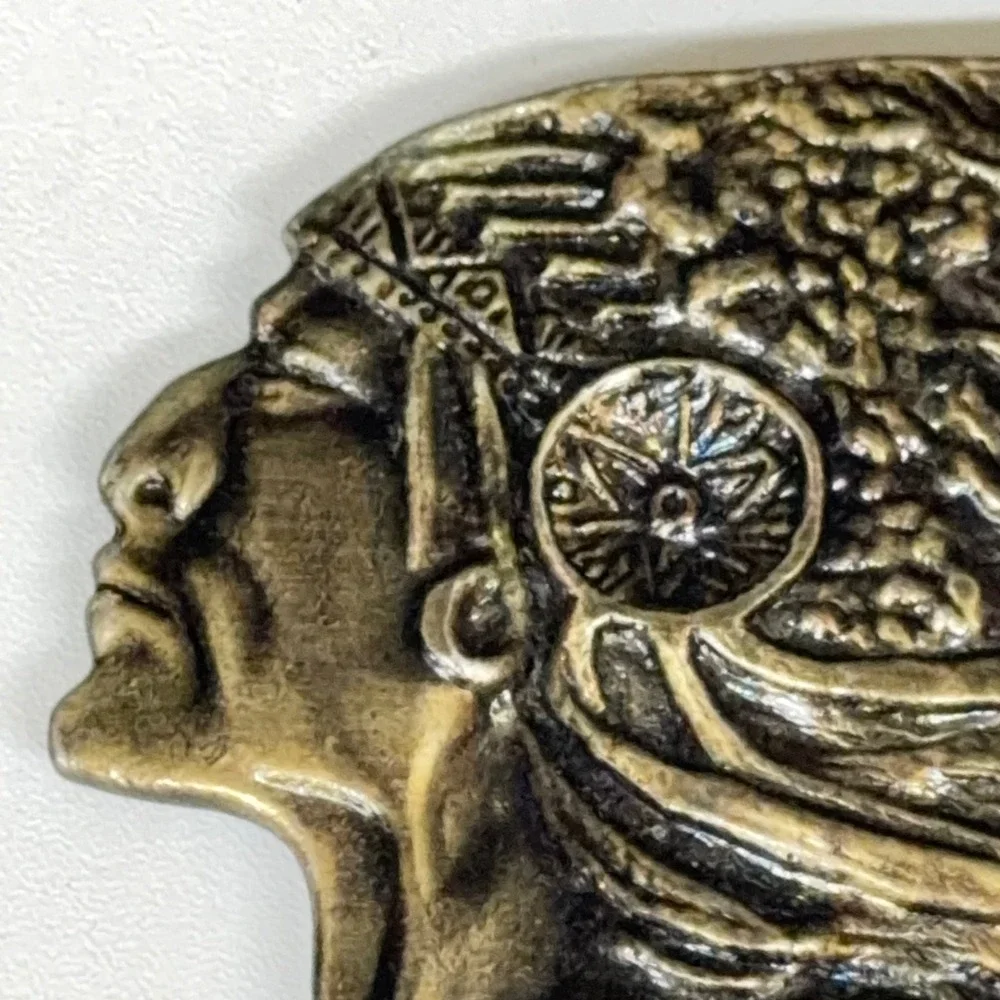 Vintage Native American Chief Headdress Belt Buckle Brass Tone‎ Western Boho